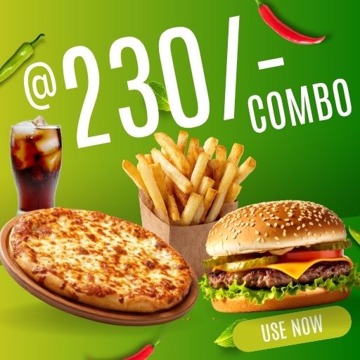 Combo @ 230/- : 6"pizza + Burger + Peri Peri Fries + 250ml Coke